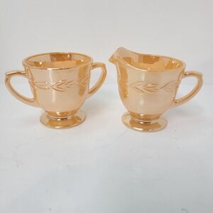 Vintage Fire King Peach Lustre Creamer and Sugar Bowl Set‎ Laurel Leaf